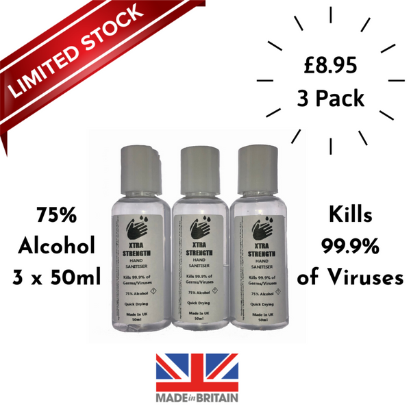 Hand Sanitiser Gel 70% Alcohol Kills 99.9% Germs 50ml Travel Size Bottle - Pack of 3